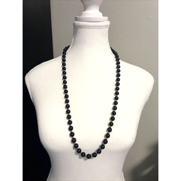 VTG Monet Black Round Beads with Gold Tone Spacers 30 Inch Necklace - Picture 2 of 8